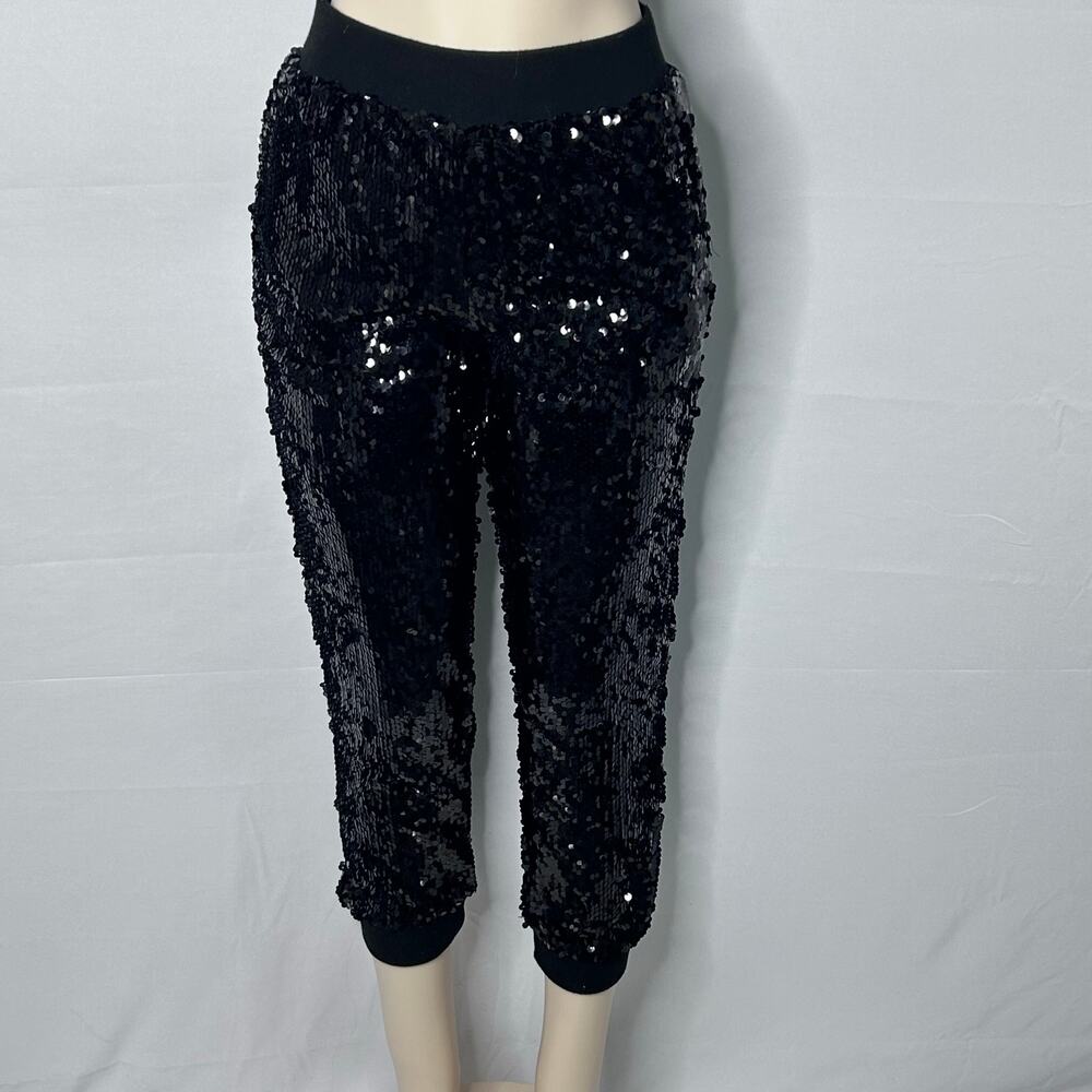 REHAB Black Sequin Jogger Pants Womens M High Rise Cropped Party Glam holiday